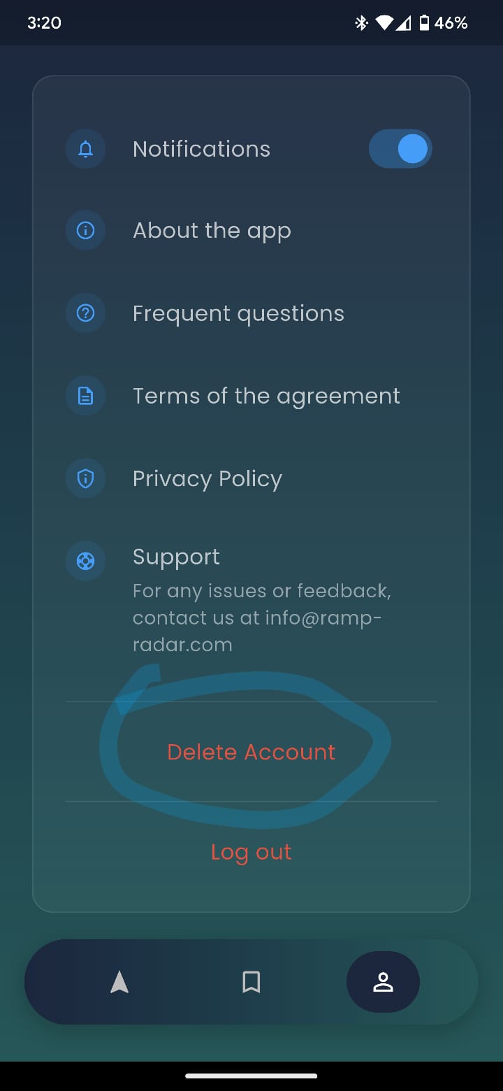 Settings screen showing Delete Account button location